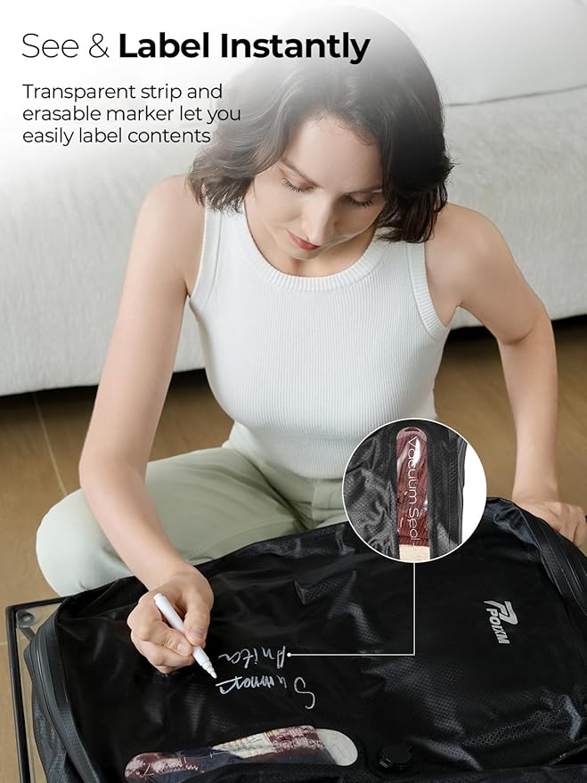 POIXM Vacuum Bags for Travel with Wireless Pump, 180° Open Zipper, IP67 Waterproof, Reusable Space Saver Compression Bags for Backpack, Suitcase, Home Storage(2 Pack + Pump)