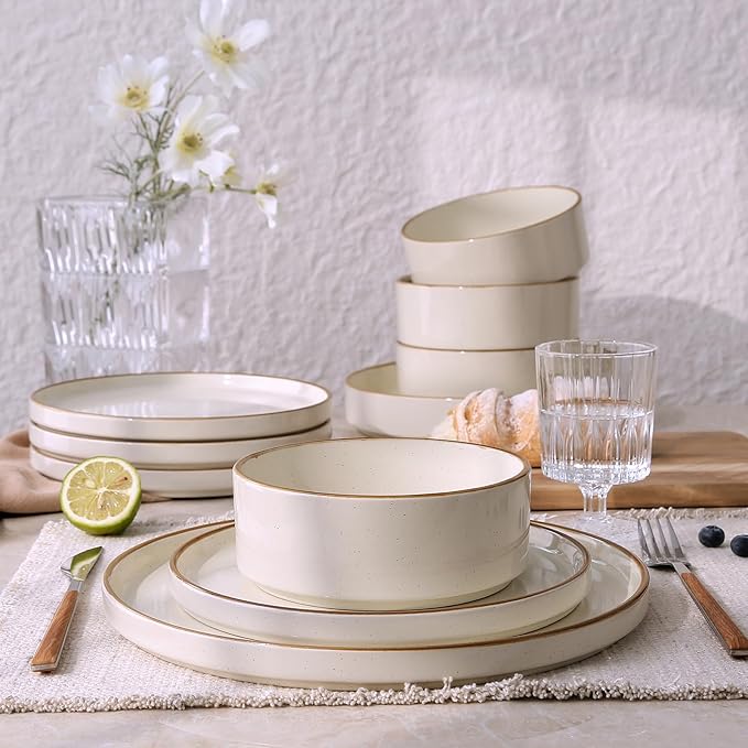 Famiware Nebula 12-Piece Dinnerware Set, Vanilla White with Brown Rim
