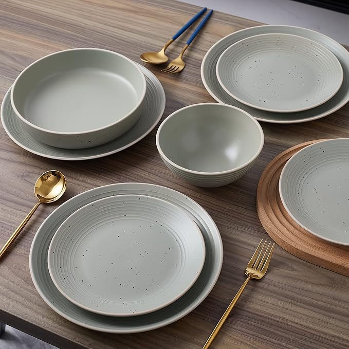 Stone Lain Lauren Stoneware, Rustic Plates and Bowls Set, Dinnerware, Service for 4, Speckled Green, Dishwasher & Microwave Safe, 16-Piece