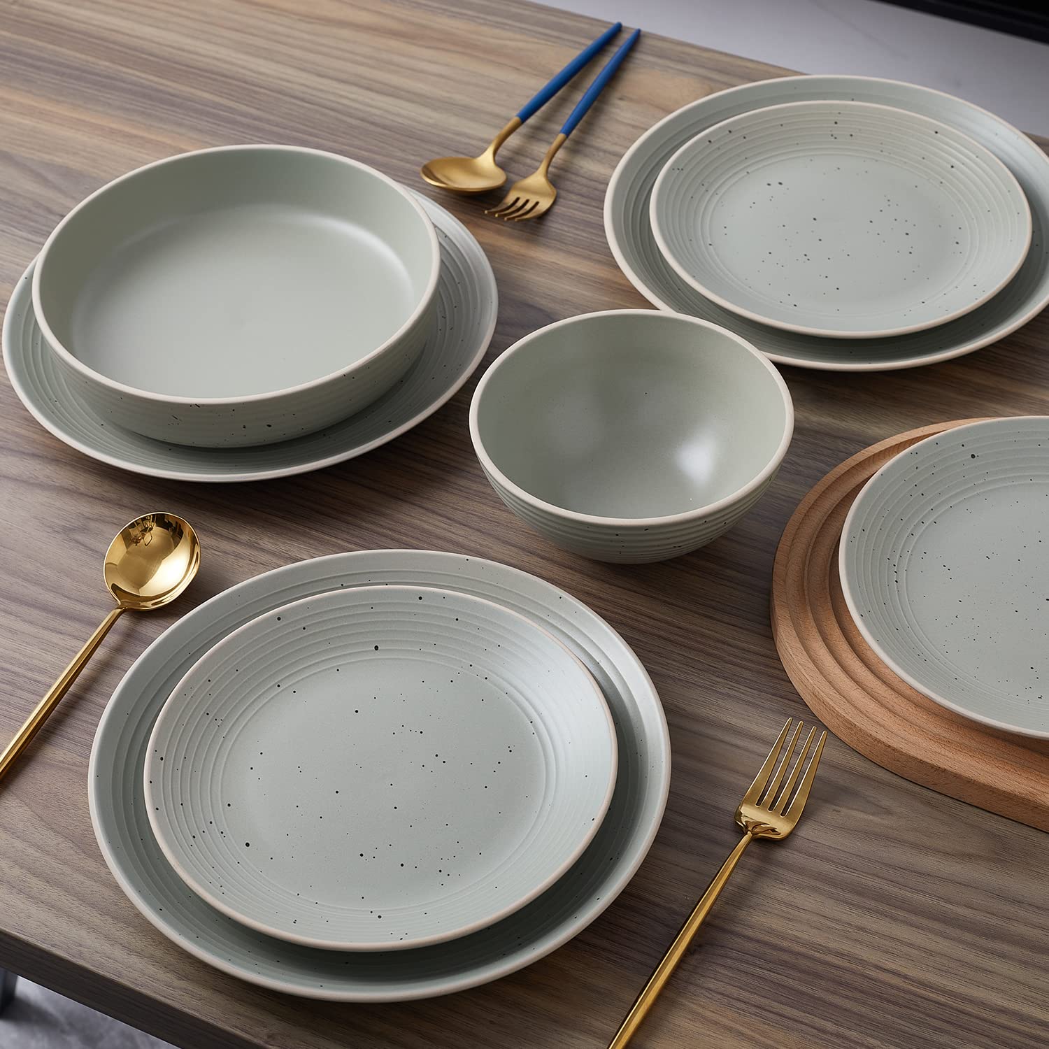 Stone Lain Lauren Stoneware, Rustic Plates and Bowls Set, Dinnerware, Service for 8, Speckled Green, Dishwasher & Microwave Safe, 32-Piece