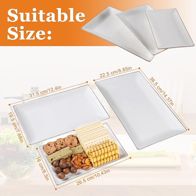 Kassel Ceramic Serving Platter Set | 14”/12”/10” Rectangular Serving Trays for Entertaining at Parties and Weddings | Oven Safe Large Serving Trays for Tacos, Steak, and Cake