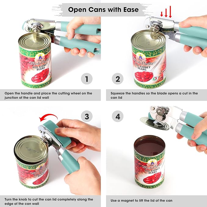 Beneno Heavy Duty Hand Can Opener Manual with Magnet Lid Remover, Mint
