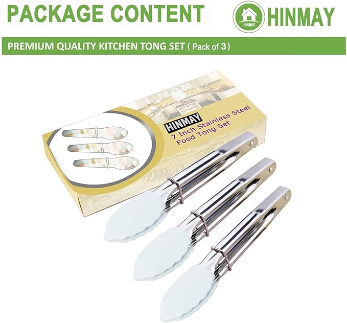 HINMAY 7-Inch Small Serving Tongs with Silicone Tips, Set of 3 (White)
