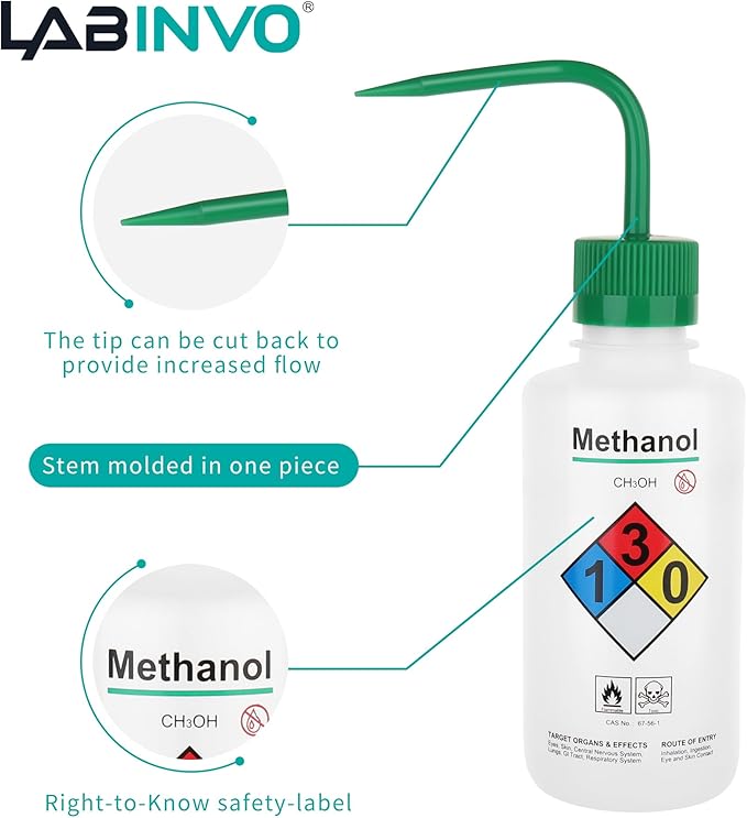 LABINVO Safety Wash Bottles, Vol.500ml, 6PCS of Lab Rinse Squeeze Bottles, Printed Acetone, Ethyl Alcohol, Methanol, Isopropanol, Distilled Water, Sodium Hypochloride, LDPE Material, IN-WBS001