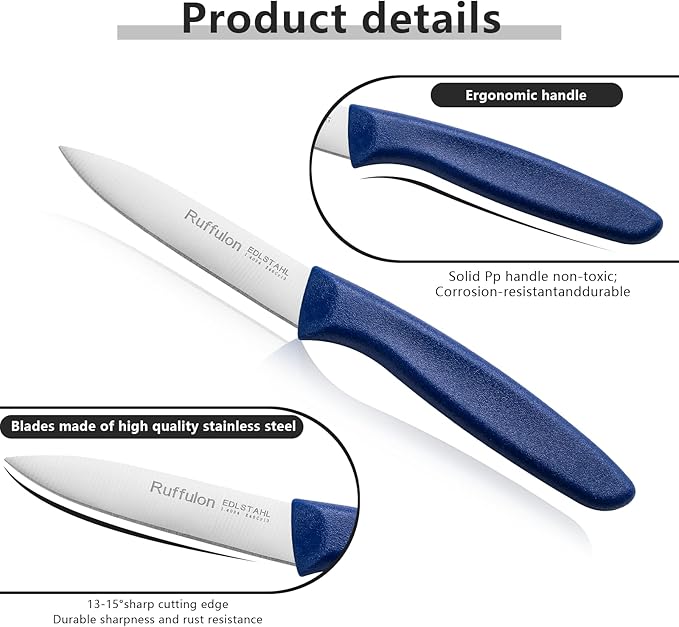 Ruffulon Paring & Fruit Knives Set of 6, Stainless Steel Sharp Blades,Blue.