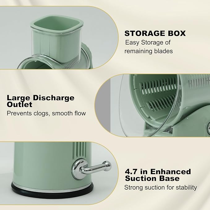 5-in-1 Rotary Cheese Grater and Vegetable Slicer with Suction Base, Green