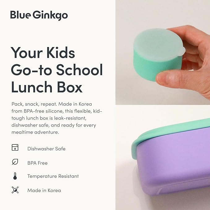 BLUE GINKGO Bento-Style Silicone Lunch Box Set, Purple, Made in Korea