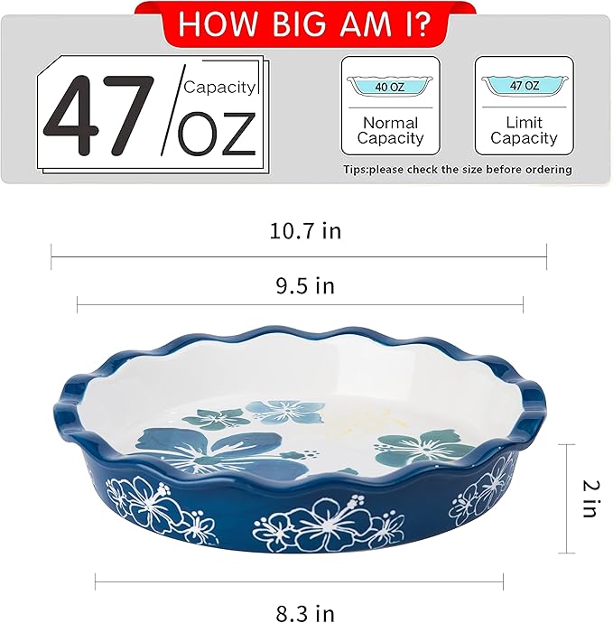Sagoskat Pie Pan Ceramic Pie Plate, 9 inch Deep Dish Pie Pans, Nonstick Pie Pans for Baking, Blue and White Floral Pie Dish For Kitchen
