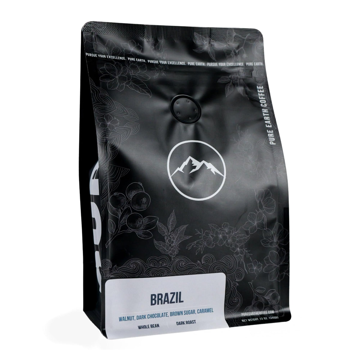 PURE EARTH COFFEE CO. Whole Bean Coffee, Brazil Single-Origin Beans, Dark Roast, Bold Gourmet Specialty Grade Coffee, Chocolate, Walnut, Bold and Smooth Flavor Notes 12oz