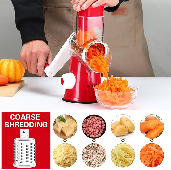 Cambom Rotary Cheese Grater Hand Crank Cheese Shredder for Fresh Cheese, Vegetable, Nuts,Non-slip Suction Base，Three Blades,Red