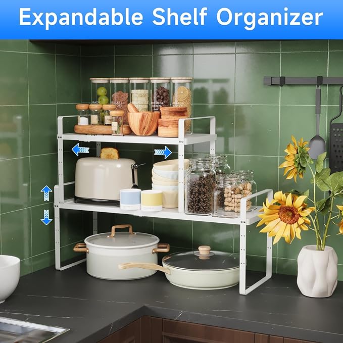 KIKIBRO Expandable Cabinet Shelf Organizer, Stackable Kitchen Pantry Counter Storage, Adjustable Closet Cupboard Stand Rack Risers Spice Organization 80LBS Heavy Duty White Small 1 Pack