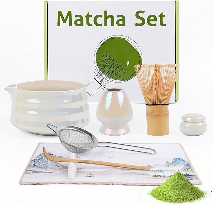 ROMROC 8PCS Matcha Whisk Set, Ceramic Matcha Kit Set Whisk and Bowl (White)