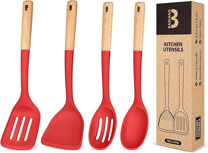 Badiano Silicone Cooking Utensils Set, Safe for Nonstick Cookwares, Red