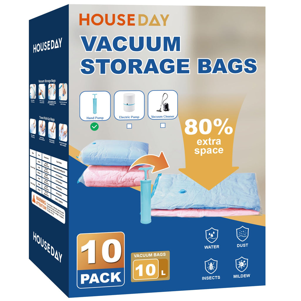HOUSE DAY 10 Large Vacuum Storage Bags with Pump,Space Saving Vacuum Seal Bags For Clothing Travel, Vacuum Storage Bags For Clothes, Comforters, Blankets, Pillows, Moving, Reusable & Durable,Hand Pump