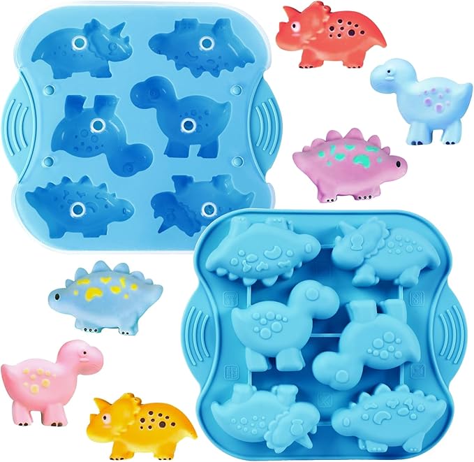 2-Pack Silicone Dinosaur Molds with Lids, Multi-Purpose Jello Molds for Kids, Dinosaur Silicone Mold for Chocolate, Baking & Crafting Tool for Cake, Candy, Jello, Ice Cubes - Blue
