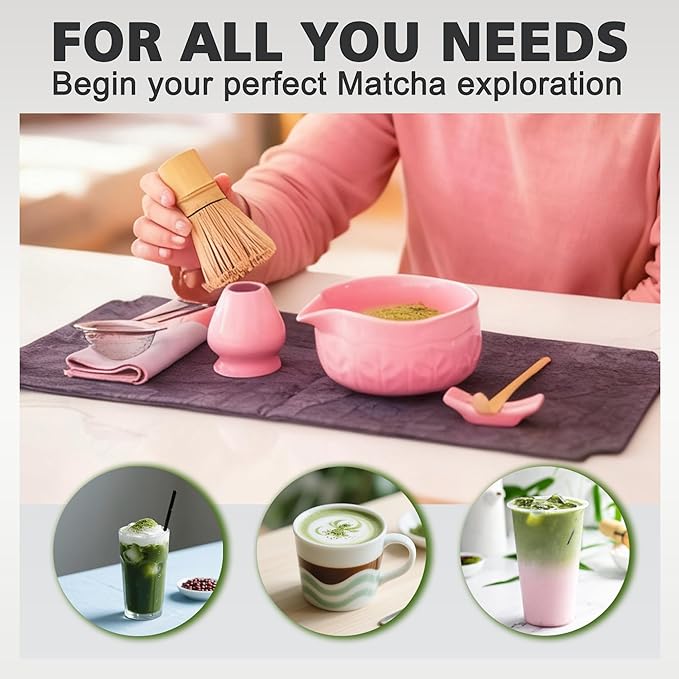 Matcha Whisk Bowl Set, 7PCS Japanese Matcha Kit with Spout Bowl (Pink) Bamboo Whisk Stand Scoop Sifter Accessories for Tea Ceremony Latte, Gifts for Family,Friends
