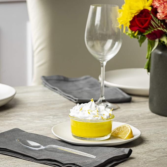 GUSTO [300 Pack] Heavyweight Clear Plastic Tea Spoons with Engraved Design - Disposable Sturdy Plastic Utensils for Parties, Weddings, and Events (Formerly Comfy Package)