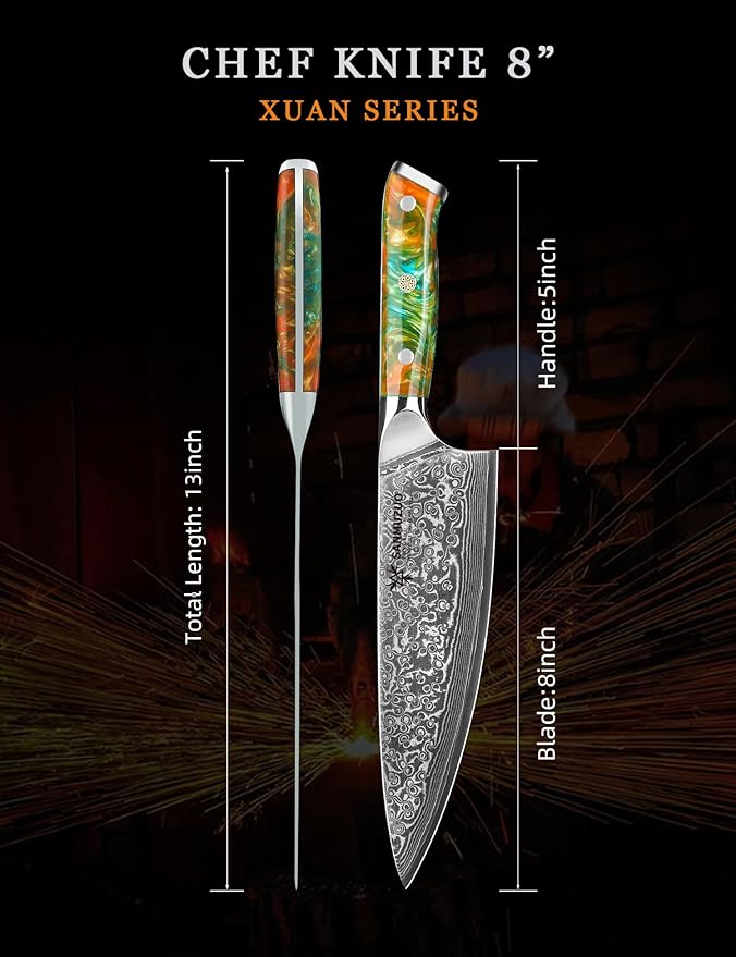 SANMUZUO Chef Knife - 8 inch - Xuan Series - VG10 Damascus Steel Kitchen Knife - Resin Handle (Fantasy Orange)
