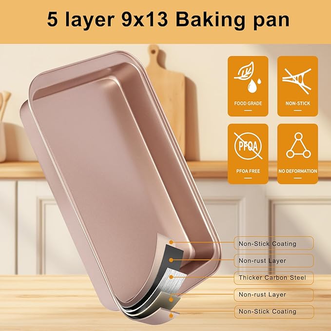 Barlket 9x13 Baking Pan & Dish, 13x9 Nonstick Rectangle Cake Pan, Rose Gold