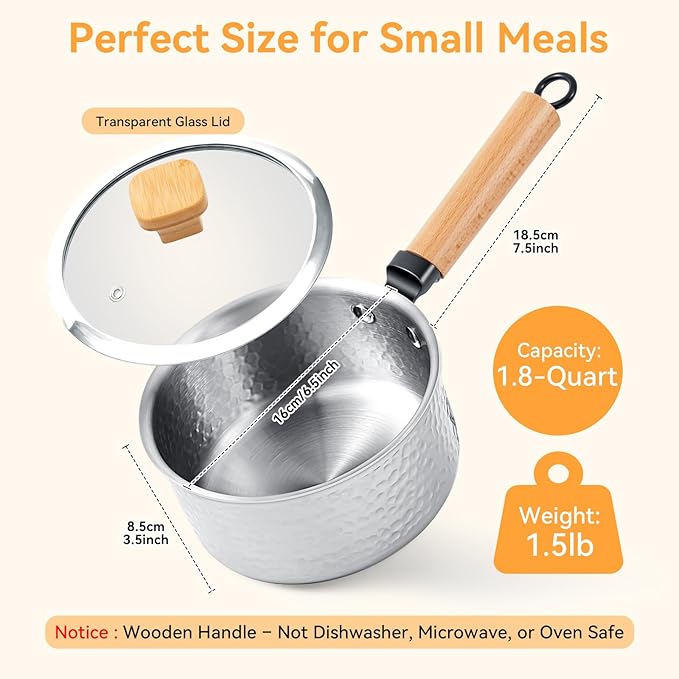 WANGYUANJI 1.8 Quart Stainless Steel Saucepan with Lid, Tri-Ply Steel Small Sauce Pan, Coating-Free Interior, Hammered Finish, Induction Compatible Soup Pot with Tempered Glass Lid & Wood Handle