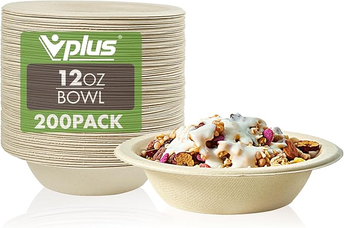 Vplus 200 Pack 12 OZ Compostable Paper Bowls, Bagasse Bowls，Nature