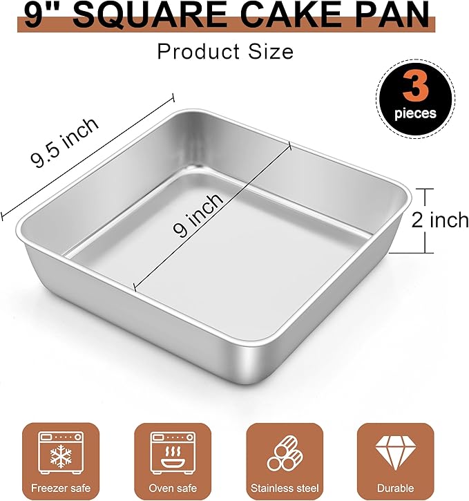 LIANYU 3 PCS 9 x 9 Inch Square Baking Cake Pan, Stainless Steel Cake Molds