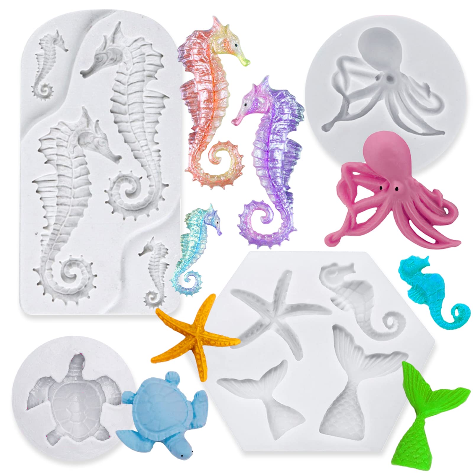 4 PCS Marine Theme Fondant Silicone Mold Hippocampus Turtle octopus Shape DIY Handmade Baking Tools, For Theme Cake Cookie Chocolate Candy Decoration Fondant Polymer Clay