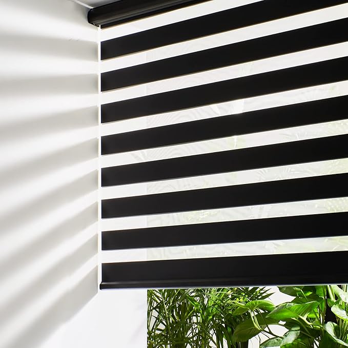 Persilux Cordless Zebra Blinds for Windows Free-Stop Roller Window Shades (35" W X 64" H, Black) Dual Layer Light Control for Day and Night, Light Filtering Sheer Shades for Home, Easy to Install
