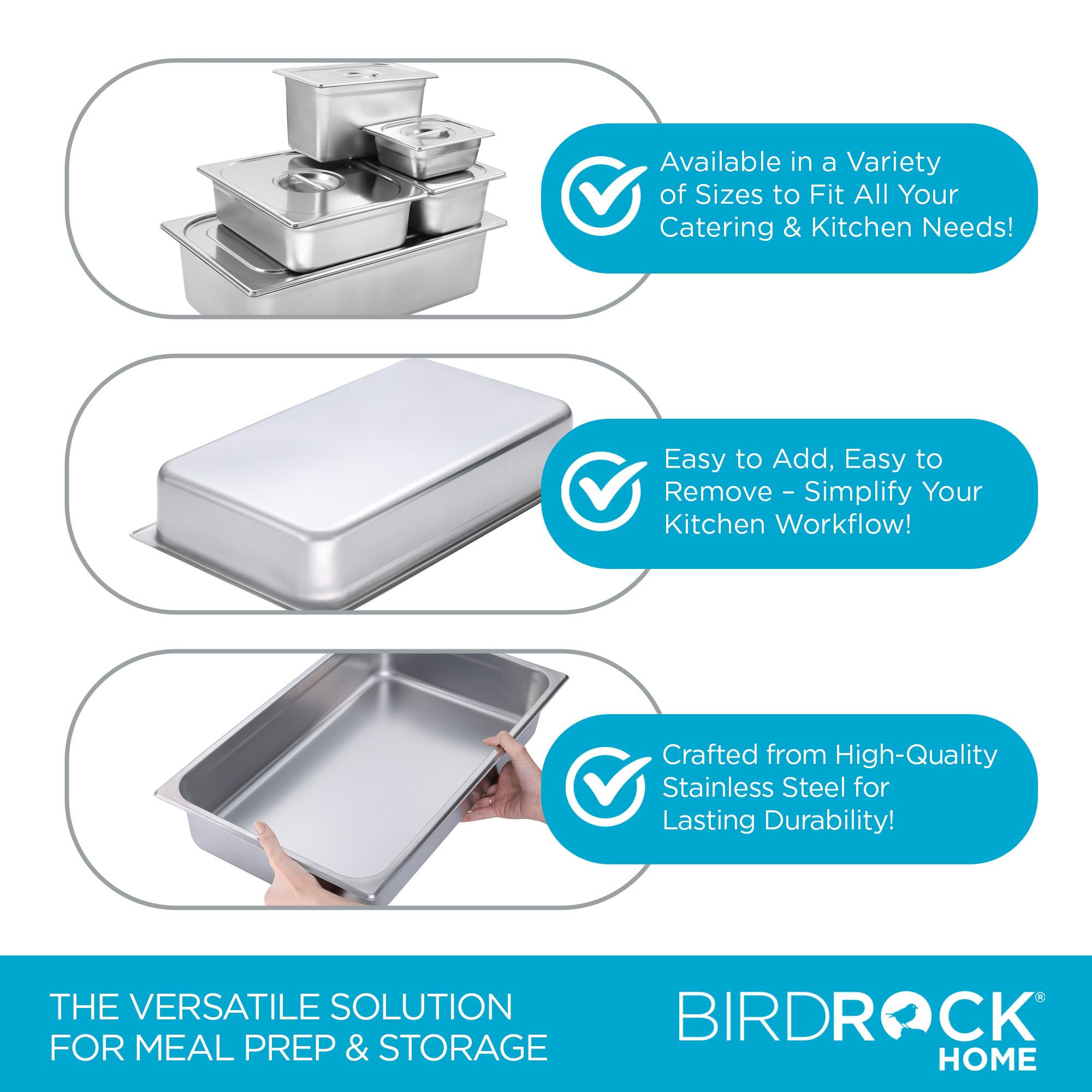 BIRDROCK HOME Stainless Steel Steam Table Pan - Hotel, Restaurant & Catering Supplies - 24 Gauge Steel, 14 qt Capacity - Meal Prep, Cooking, & Food Storage Container - 4" Depth, Full-Size (6 Pack)