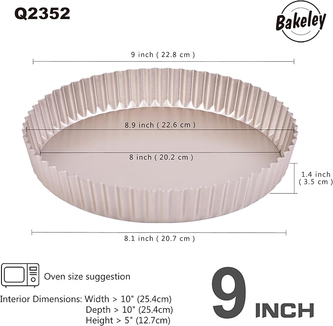 Bakeley 9-Inch Round Tart Pan with Loose Removable Bottom, Non-Stick Carbon Steel Quiche Pan for Oven Baking (Champagne Gold)