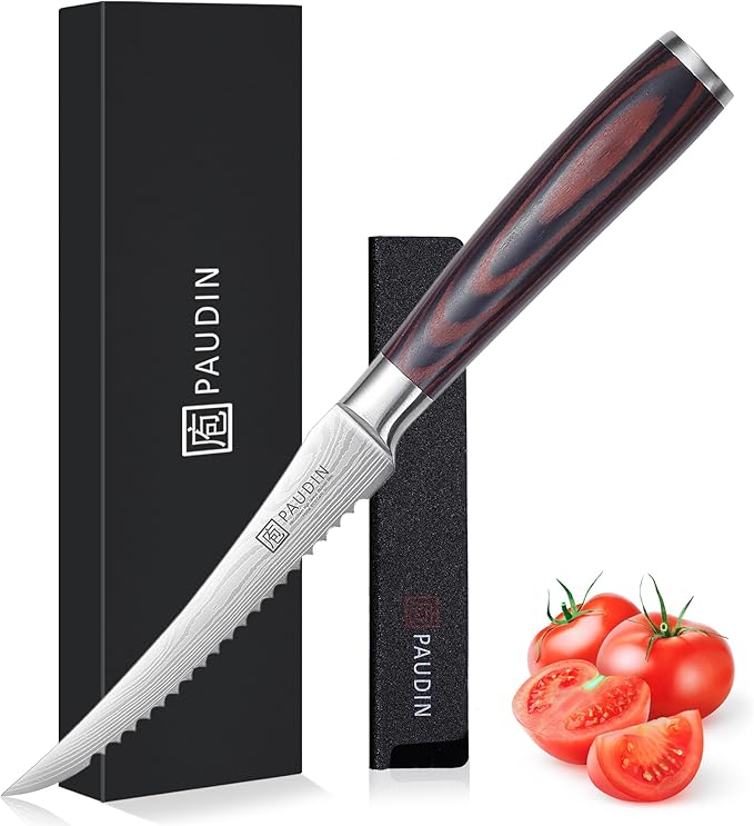PAUDIN Tomato Knife, 5 inch Serrated Tomato Knife with Sheath