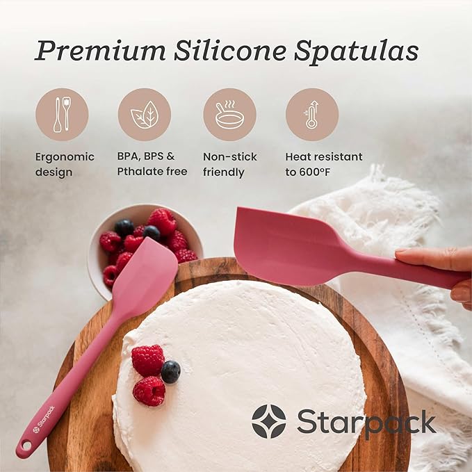 Starpack 'Scrape and Stir' Silicone Rubber Spatula Set (4-Piece) - LFGB Non Toxic, 600°F Heat Resistant, BPA-Free, One-Piece Kitchen Baking Spatulas - Dishwasher Safe for Nonstick Cookware Earthy Pink