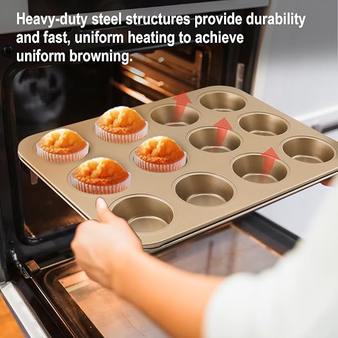 MARIWEI 2 Pack Premium Nonstick Bakeware 12-Cup, Mini Muffin Pan, Dishwasher Oven Safe(Golden, 12 Cup (2 pcs)