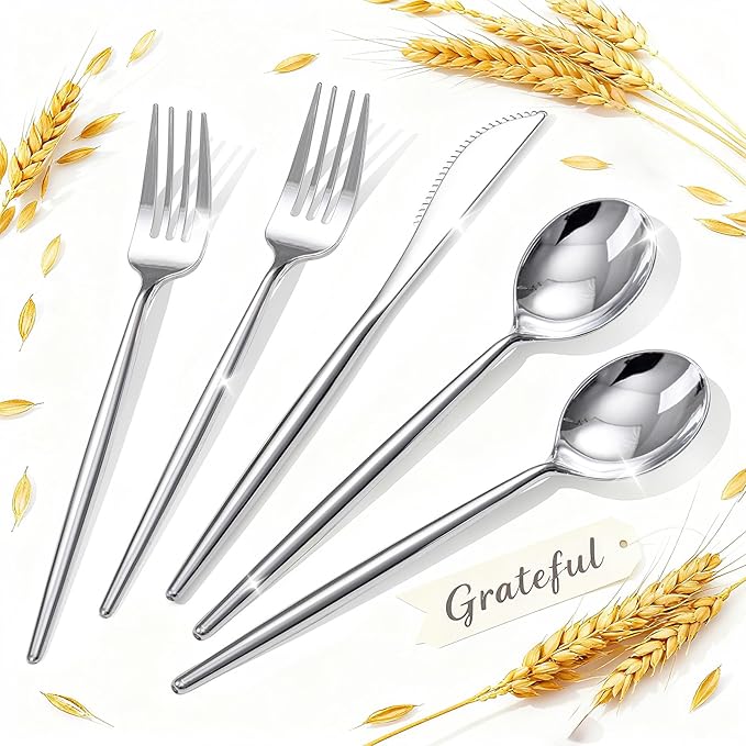 Rubtlamp 90Pcs Silver Plastic Silverware, Silver Plastic Utensils, Plastic Cutlery Include 30 Knives, 30 Forks and 30 Spoons, Silverware Heavy Duty For Party