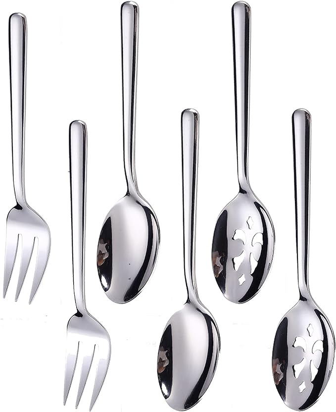 Enwinner Serving Spoons*2 Slot Spoons* 2 Forks *2 Buffet Colander Stainless Steel Banquet Set, Set of 6. Lenght 9" (6-spoon forks set)