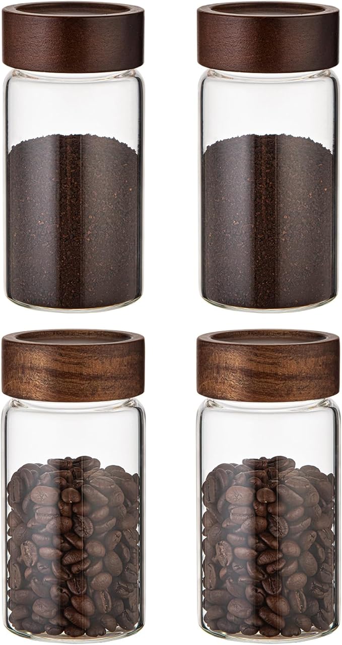 Patoper 8 oz Small Glass Spice Jars with Airtight Wood Acacia Lid 4 PCS,Clear Coffee Ground Storage Canister Round Glass Spice Jar for Pantry Sugar Tea Bean Nuts Cookies Salts Seasoning