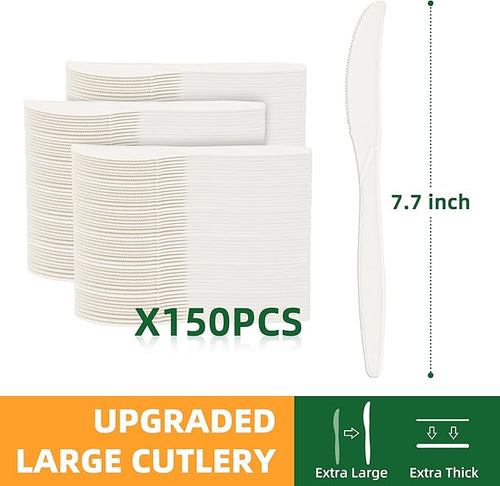 100% Compostable Knives, 7.7" Large Disposable Cornstarch Cutlery Heavy Duty Eco-Friendly Utensils Durable and BPI-Certified Party Supplies No Plastic-150pcs Knives