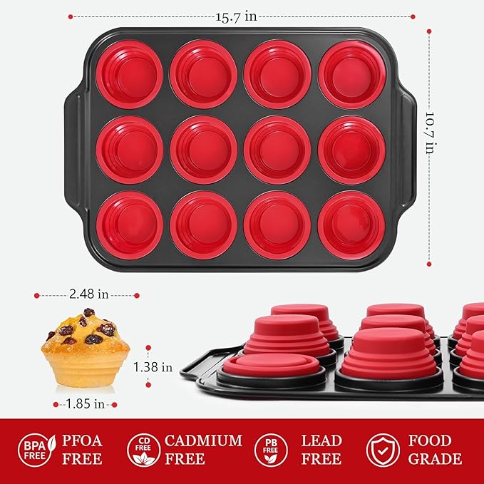 Silicone Muffin Pan, 12-Cup Nonstick Silicone Muffin Pans for Baking, Food-Grade Cupcake Pan for Oven, Microwave, Dishwasher Safe, BPA-Free Silicone Baking Mold for Muffins, Cupcakes, Egg Muffins