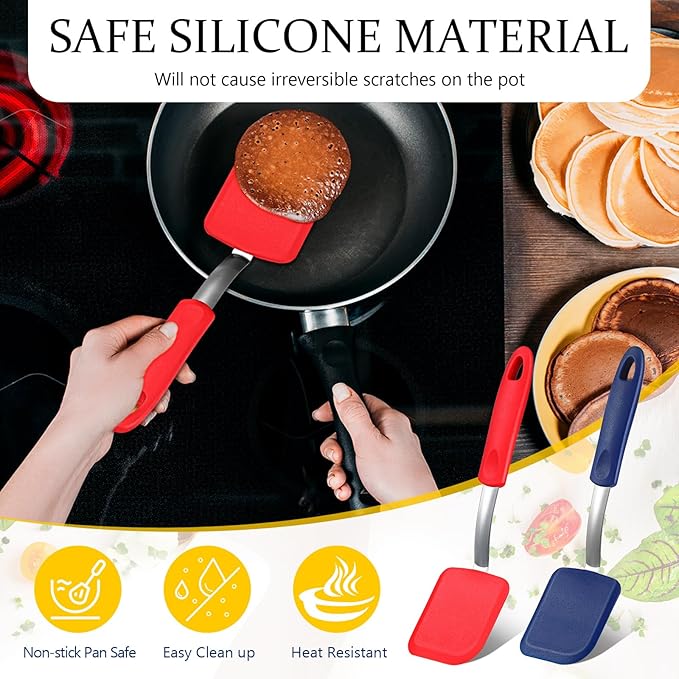 Yetene Silicone Cookie Spatula Turner 2 Pack Mini Brownie Spatula Flexible Kitchen Small Silicone Turner for Nonstick Cookware Heat Resistant No Scratch Flipper for Egg(Solid Flat,Red,Blue)