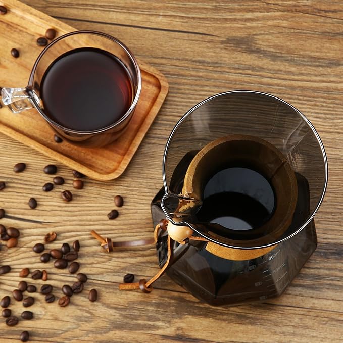 Lalord Pour Over Coffee Maker, 600ml/20oz Borosilicate Glass Carafe, Stainless Steel Filter, Wooden Collar, 3-4 Cups Serving, Gray