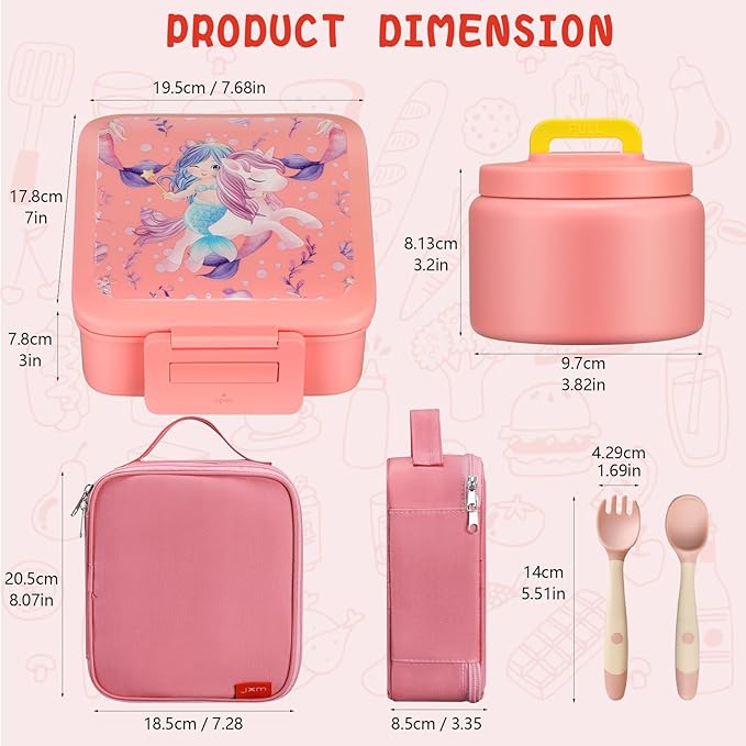 JXXM Bento Lunch Box for Kids With 8oz Soup Thermo,Leak-proof Lunch Containers with 5 Compartment,Thermo Food Jar and Lunch Bag, Food Containers for School (A-Pink（Unicorn - Mermaid）)