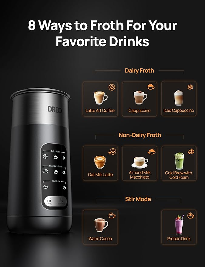 DREO Milk Frother, 8-in-1 Electric Stainless Steel Frother for Latte Art Microfoam and Coffee, 9oz/270ml Warm and Cold Foam Automatic Frothers, LED, Easy to Clean