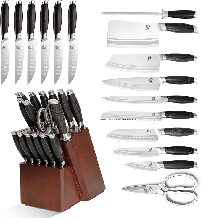 WILDMOK Kichen Knife Block Set, 17-piece Knife Set with Wooden Block German Steel Kitchen Knives Sets with Bone Chopper, Gift Box