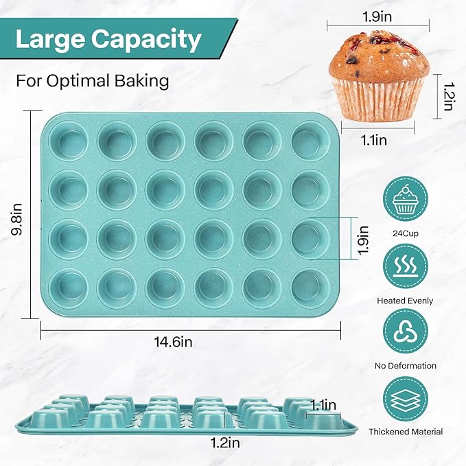 Spmarkt 2-Pack Light Blue 24-Cup Ceramic Mini Muffin Pan – Non-Stick Muffin Tin, PFOA-Free, Healthy Baking, Perfect for Cupcakes, Breakfast Treats & Party Delights