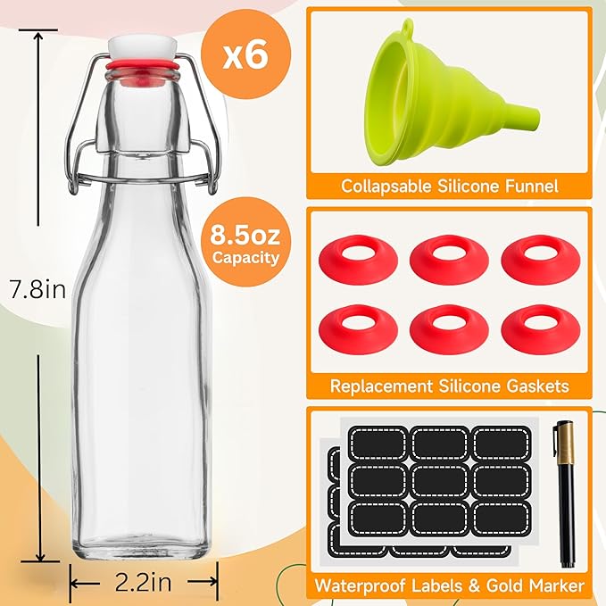 Vanilla Extract Bottles [8.5 oz, 6-Pack] – Flip Top Swing Top Glass Bottles for Homemade Extracts, Kombucha, Coquito, Juice – Airtight Leak-Proof Caps with Funnel, Extra Gaskets, Labels & Marker