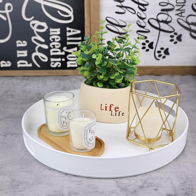 SforGUVA Round White Decorative Serving Tray with Handles, 13” Versatile Ottoman Tray for Coffee Table, Entertaining, Outdoor Patio, Living Room