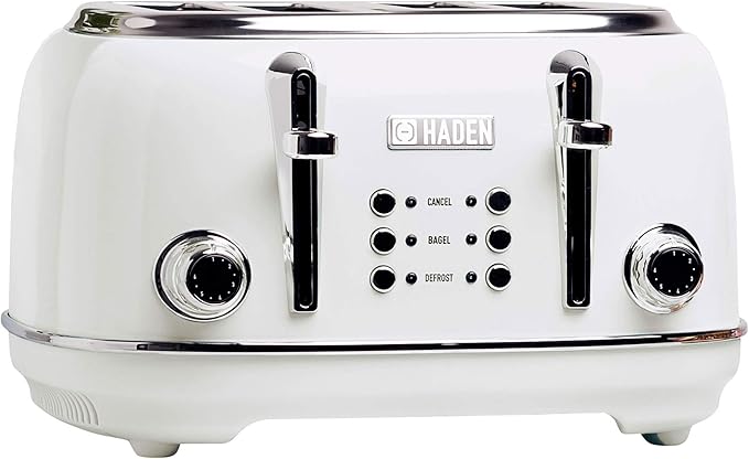 HADEN Heritage Toaster with Extra Wide Slots, 1500-Watt, Ivory & Chrome - Retro Stainless Steel Design with Self-Centering Function, 4 Slice Adjustable Browning Control & Removable Crumb Tray