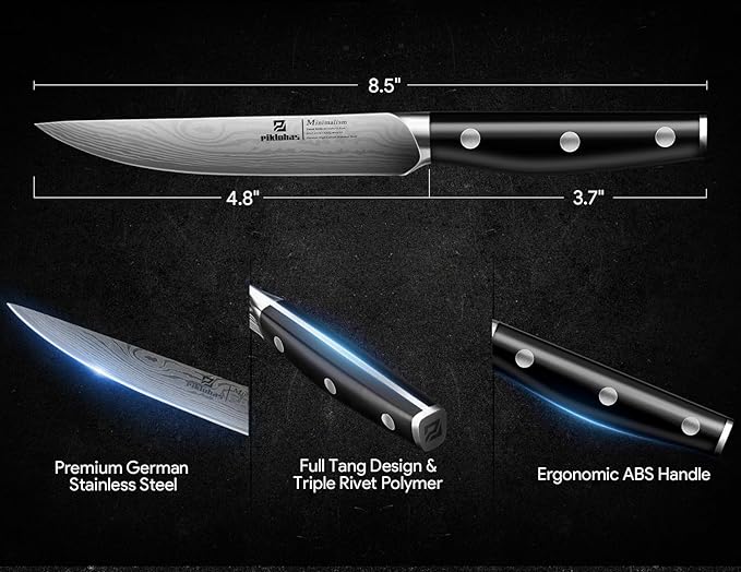 Piklohas Steak Knives Set of 4, 4.6 Inch Non Serrated Dinner Knife, Forged German Steel Damascus Pattern Straight Edge Meat Knife with Full Tang Handle, Dishwasher Safe, Ideal for Gift