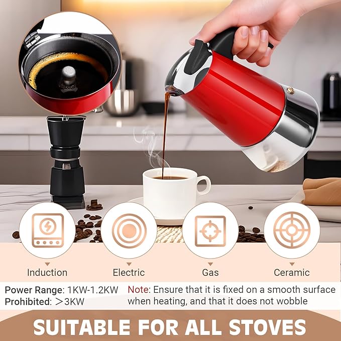 Suiitat 6 Cup Stainless Steel Moka Pot, 300ml Stovetop Espresso Maker, Red