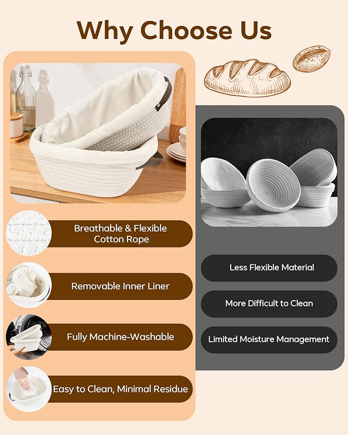 Feagar Bread Proofing Basket Set: XL 11.5” Banneton Holds 1000g Dough, Includes Multi-Purpose Proofing Cloth for Baguettes, Round Loaf & Sourdough Bread Baking Supplies | 2-Pack with Liners & Covers
